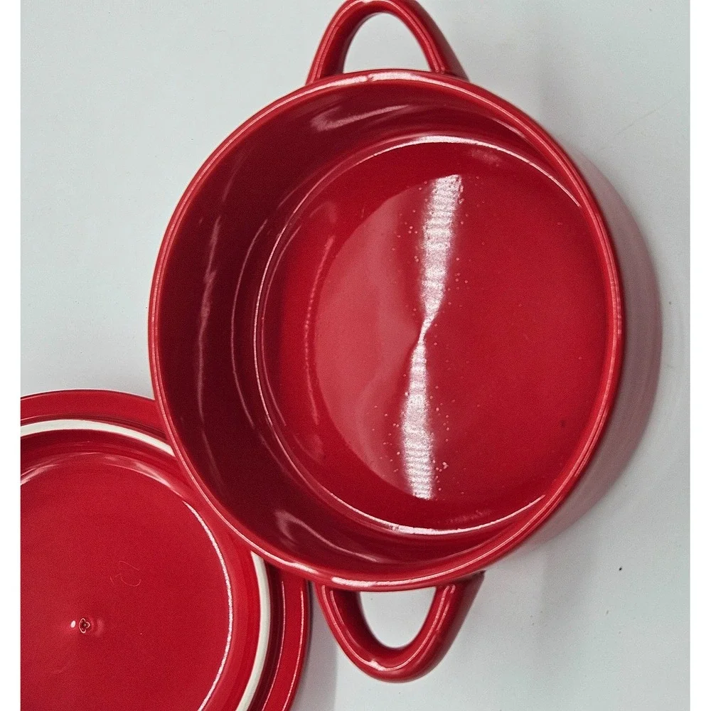 Red Ceramic Mini Cocotte with Heart Lid Knob and Bamboo Spreader Set